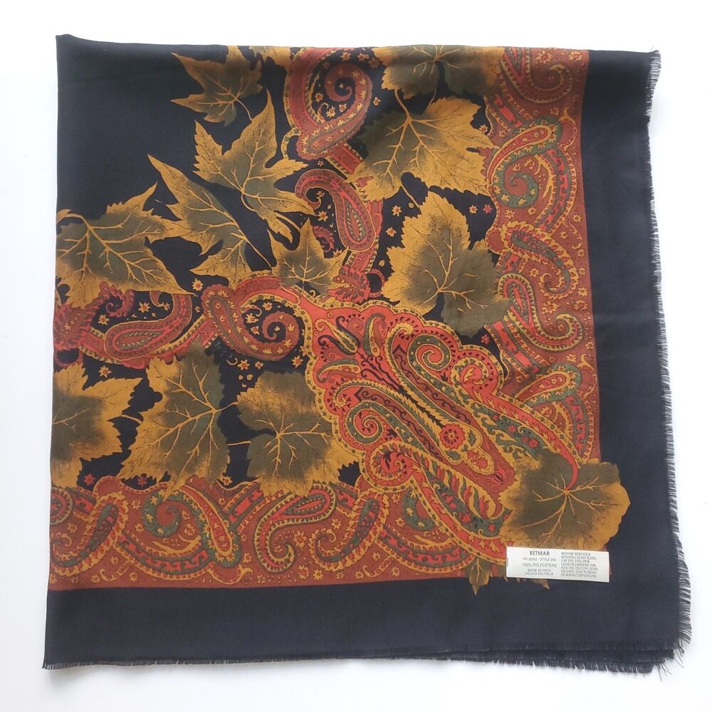Betmar 34" Square Scarf Black Autumn Leaves Paisley Fall Colors Made in Italy